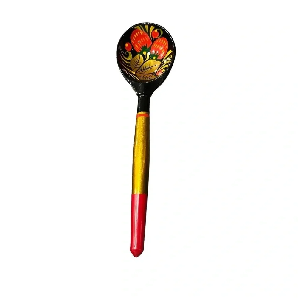 Vintage Russian Folk Art Lacquered Bowl and Spoon Strawberries